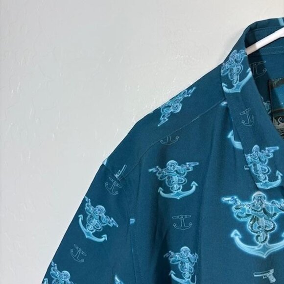 Retro Rifle Shirt Mens Large Teal Glocktopus Short Sleeve Button Up Stretch - Picture 2 of 7